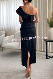 Sweet Party One Shoulder Lapel Neck Sleeveless Bow Belt Pencil Midi Dress