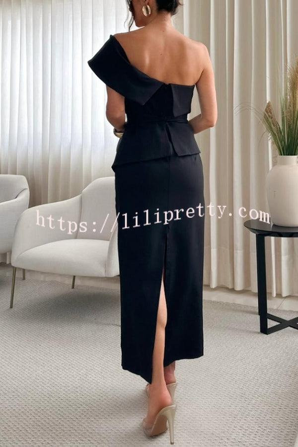 Sweet Party One Shoulder Lapel Neck Sleeveless Bow Belt Pencil Midi Dress