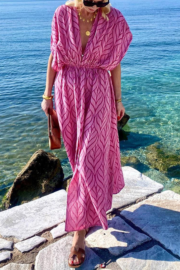 Shells By The Coast Printed Drawstring Design Kimono Beach Maxi Dress