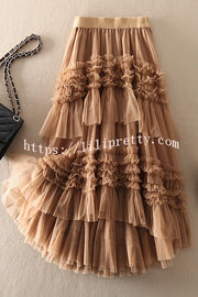 Lilipretty Elegant Mood Tulle Pleated Ruffle Elastic Waist Tiered Midi Skirt