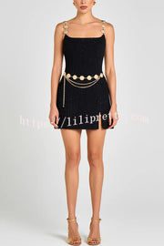 Timeless Exquisite Tweed Fabric Metal Coin Chain Detail Slip Mini Dress