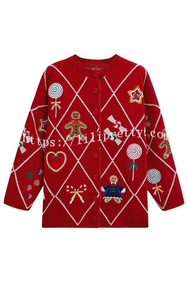 Argyle Candy Gingerbread Man Embroidered Button-knit Cardigan