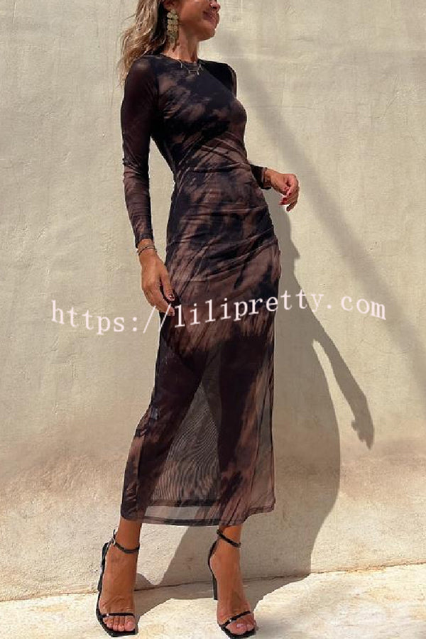 Lilipretty Charm Lady Mesh Overlay Tie Dye Print Long Sleeve Ruched Stretch Midi Dress