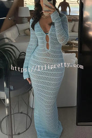 Solid Color Knit Hollow Long Sleeve Vacation Cover Up Maxi Dress