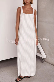 Lilipretty® Simple and Stunning Linen Blend Pinstripe Detail Square Neck A-line Maxi Dress