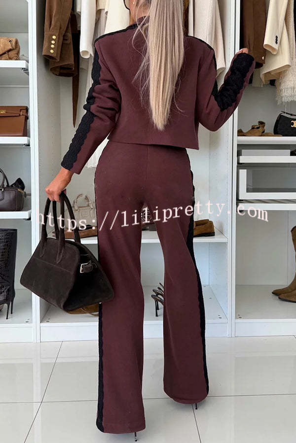 Fashion Lace Panel Long-sleeved Crop Top and Elastic Waist Tie Pocket Casual Pants Set