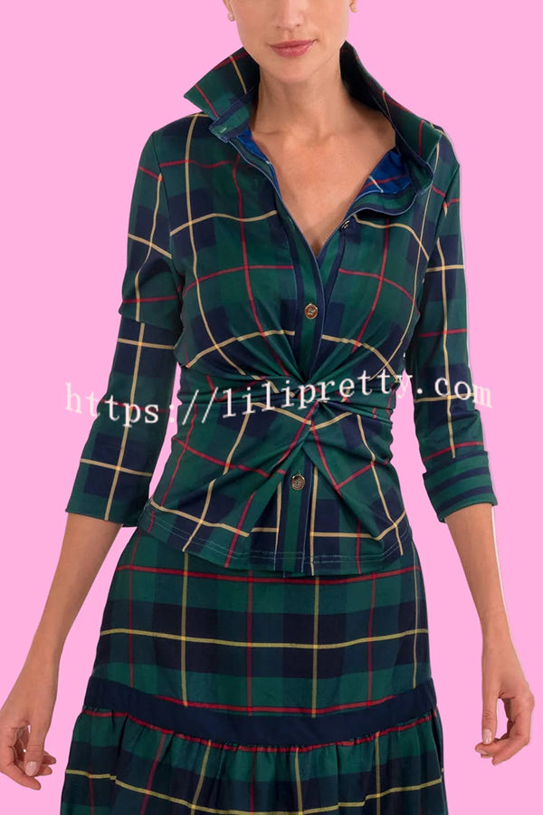 Embrace The Festival Plaid Twist Half Sleeve Shirt and Elastic Waist Pencil Pants Set