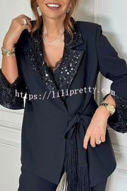 Social Time Embroidered Sequin Patchwork Tassel Belt Detail Lapel Party Blazer