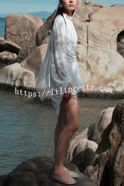 Solid Color Round Neck Lantern Long Sleeve Pleated Casual Mini Dress