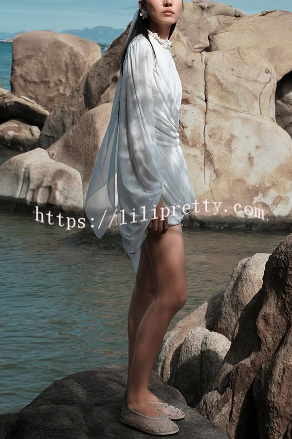 Solid Color Round Neck Lantern Long Sleeve Pleated Casual Mini Dress