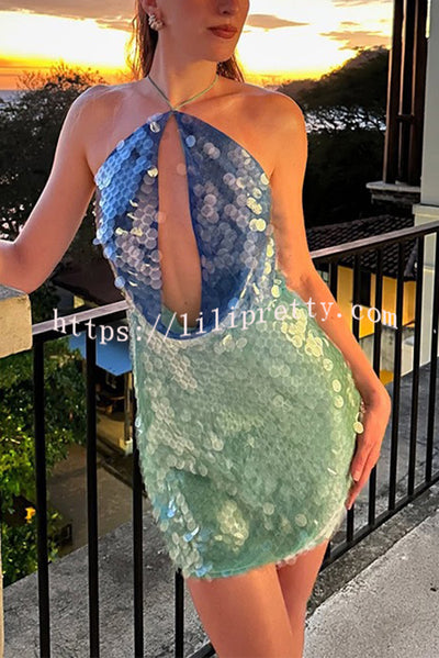 Fashion Sexy Sequined Backless Halter Neck Slim Fit Mini Dress