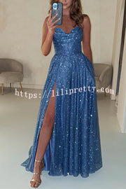 Cinderella Glitter Tulle Fabric Cowl Neck Back Lace-up Pocketed Slit Maxi Dress