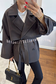 Modern Urban Dropped Shoulder Strap Button Detail Belted Lapel Loose Trench Coat