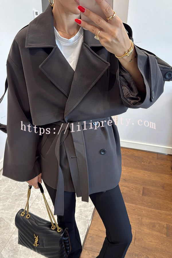 Modern Urban Dropped Shoulder Strap Button Detail Belted Lapel Loose Trench Coat