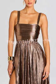 Artistic Quality Metallic Pleated Fabric Removable Straps Slit Maxi Dress
