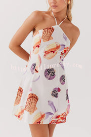 Seaside Bouquet Linen Blend Shells Unique Print Halter Mini Dress
