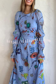 Lilipretty Special Holiday Linen Blend Unique Print Cut Out Puff Sleeve Lightweight Midi Dress