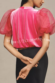 Blissful Smile Velvet Tulle Puff Sleeve Loose Blouse