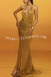 Glimmer Hour Shiny Layered Tassels Halter Cutout Neck Split Maxi Dress