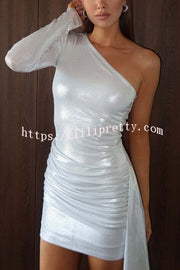 Sexy Asymmetric One-sleeve Pleated Stretch Slim Mini Dress