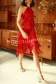 Sexy Sleeveless Halter Neck Tassel Sequin Mini Dress