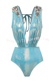 Solid Color Shiny Fabric Deep V Metal Embellished Stretch One-piece Swimsuit