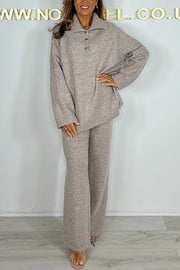Solid Color Lapel Long-sleeved Loose Top and Elastic Waist Casual Pants Set