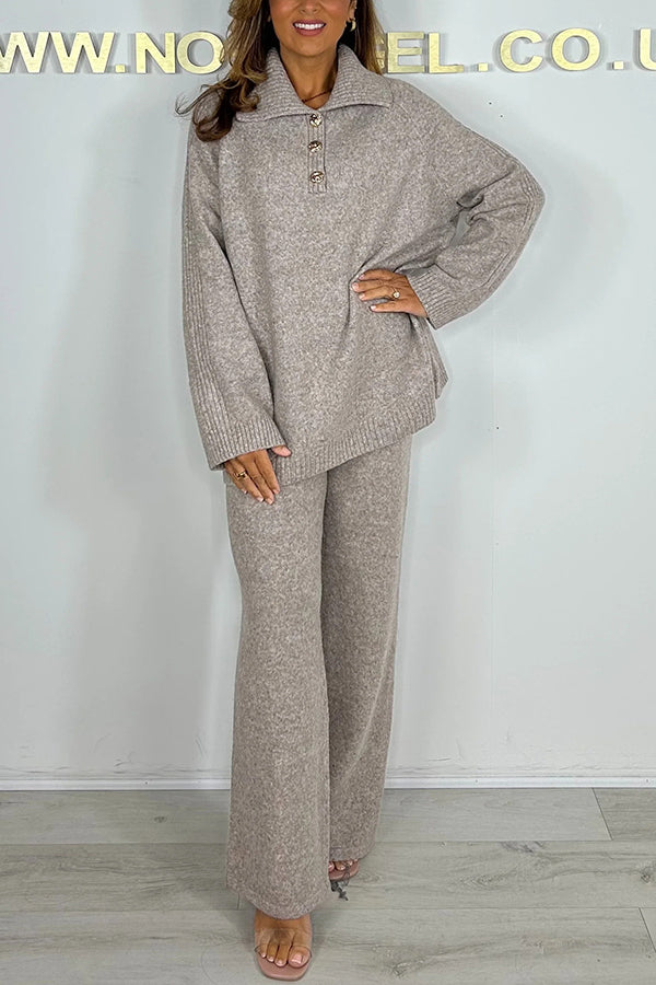 Solid Color Lapel Long-sleeved Loose Top and Elastic Waist Casual Pants Set