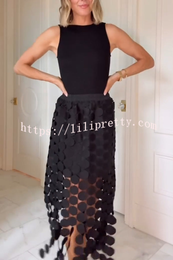 Casie See Through Circle Embroidery Elastic Waist Tassle Hem Maxi Skirt