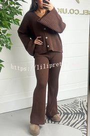 Solid V-neck Ribbed Knit Button Up Top and Elastic Waist Wide Leg Pants Set