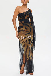 Unique Print Sexy One Shoulder Slim High Slit Maxi Dress