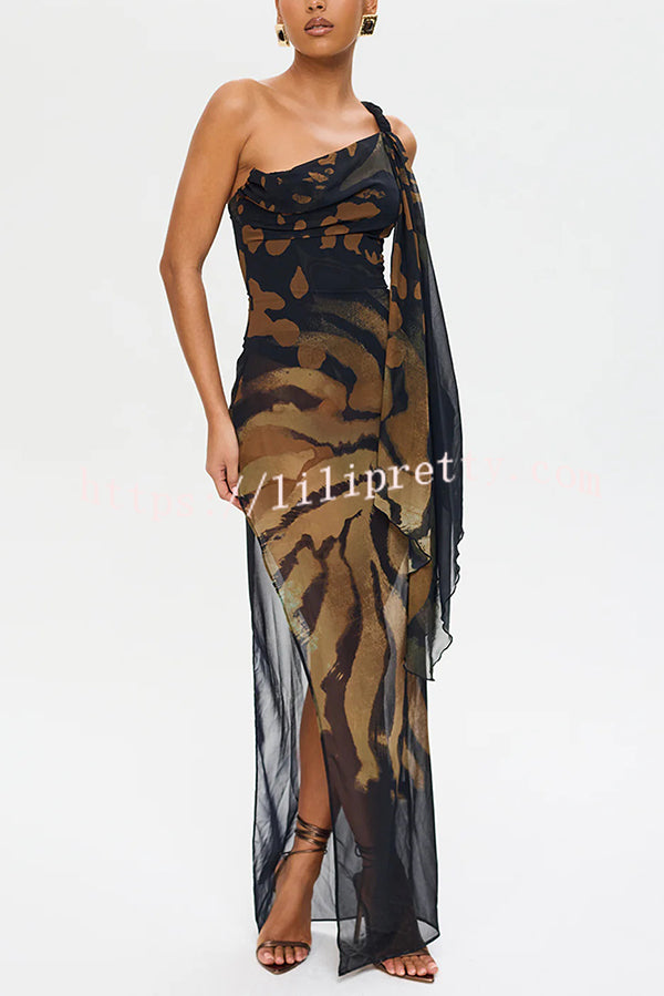 Unique Print Sexy One Shoulder Slim High Slit Maxi Dress