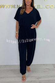 Solid Color V-neck Short-sleeved Waist-tied Loose Casual Jumpsuit