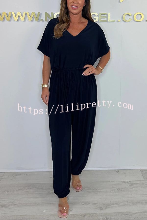 Solid Color V-neck Short-sleeved Waist-tied Loose Casual Jumpsuit