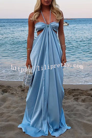 Cinderella Dream Satin Stone Ring Detail Cutout Halter Drape Maxi Dress