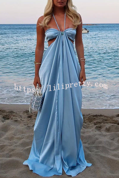 Cinderella Dream Satin Stone Ring Detail Cutout Halter Drape Maxi Dress