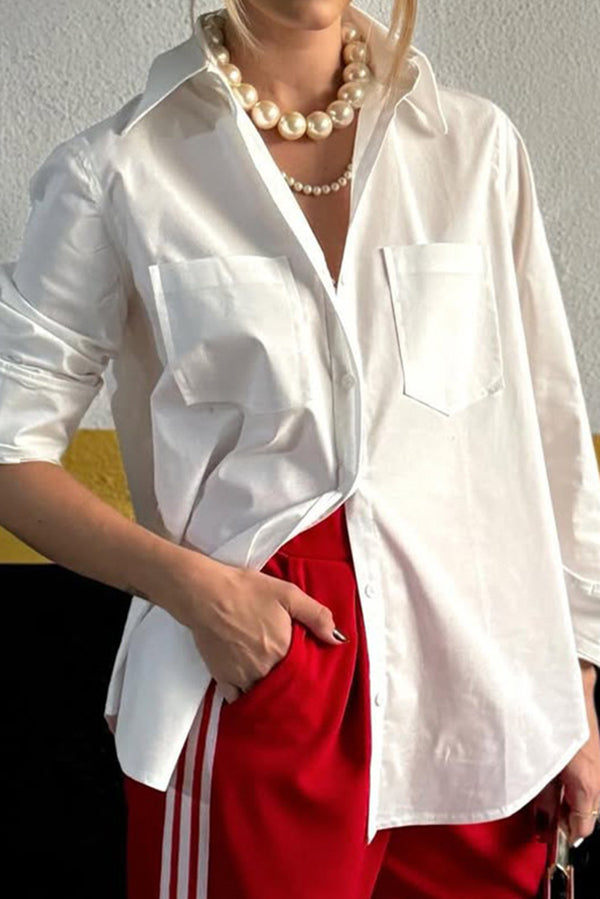 Solid Color Loose Long Sleeve Casual Pocket Shirt