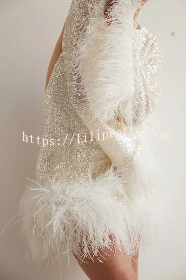 Stylish Sequined Feather Long-sleeved Sexy Backless Mini Dress