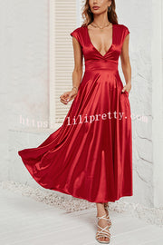 Satin Solid Color Sleeveless V-neck Pocket Maxi Dress