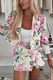 Picture Perfect Botanical Floral Print Long Sleeve Lapel Crop Blazer