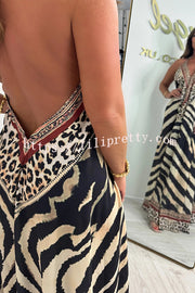 Zebra Print V-neck Open Back Loose Maxi Dress
