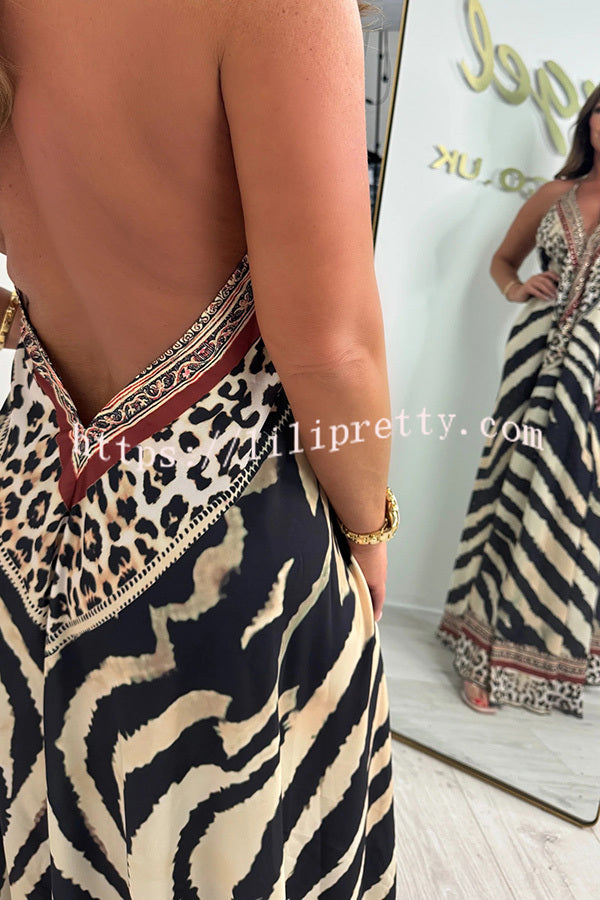 Zebra Print V-neck Open Back Loose Maxi Dress
