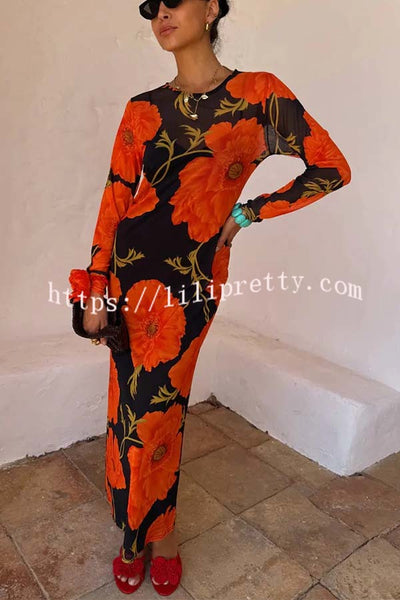 Perfect Cross-season Mesh Poppy Flower Print Long Sleeve Stretch Maxi Dress