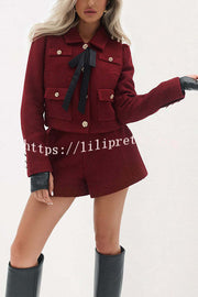 Sweet Dreams Tweed Bow Neck Button Long Sleeve Pocket Crop Jacket