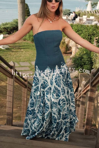 Dottie Colorblock Floral Print Drop Waist Gathered Strapless Maxi Dress