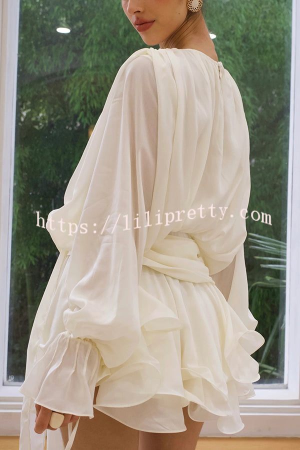 Solid Color Long Sleeve V-Neck Lace-Up Elegant Flower Decorated Mini Dress