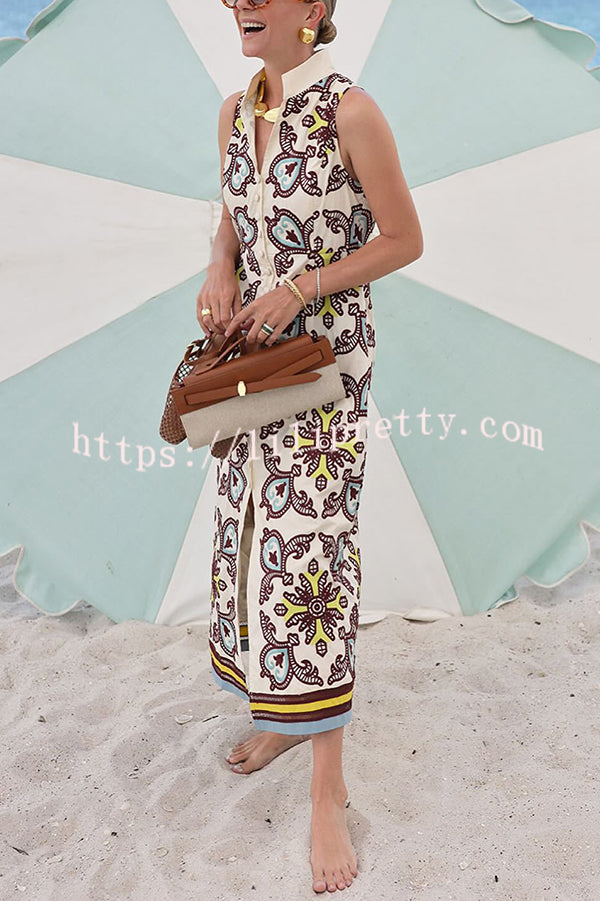 Unique Print Sleeveless Button Resort Midi Dress