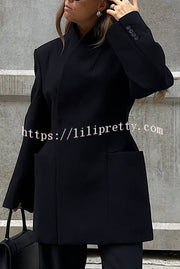 Solid Color Lapel Long Sleeve Casual Pocket Long Blazer