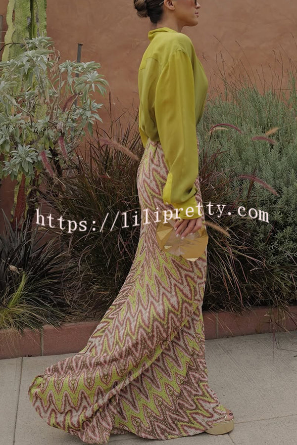 Moonlit Waltz Knit Jacquard Zigzag Print High Rise Stretch Flare Maxi Skirt