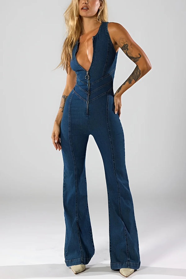 Fashionable Heart Hollow Back Slim High Waist Flared Denim Jumpsuit